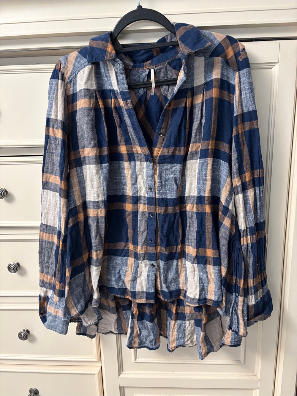 Free People Women’s Navy Blue Plaid Button-Front Blouse